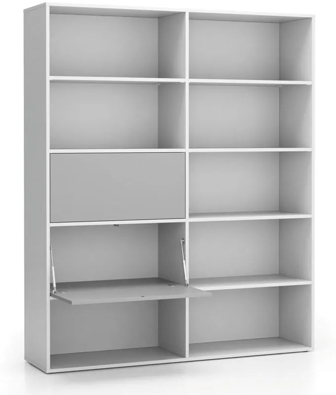 Široký kancelársky policový regál LAYERS, 2 boxy, 1582 x 400 x 1905, biela / sivá