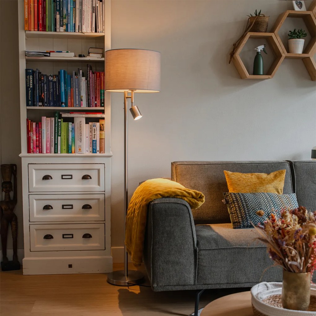 Stojaca lampa z ocele s sivým tienidlom a lampou na čítanie - Jelena