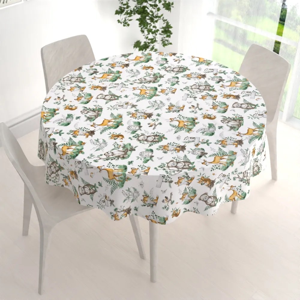 Biante Detský bavlnený okrúhly obrus Sandra SA-459 Lesné zvieratká na bielom Ø 80 cm