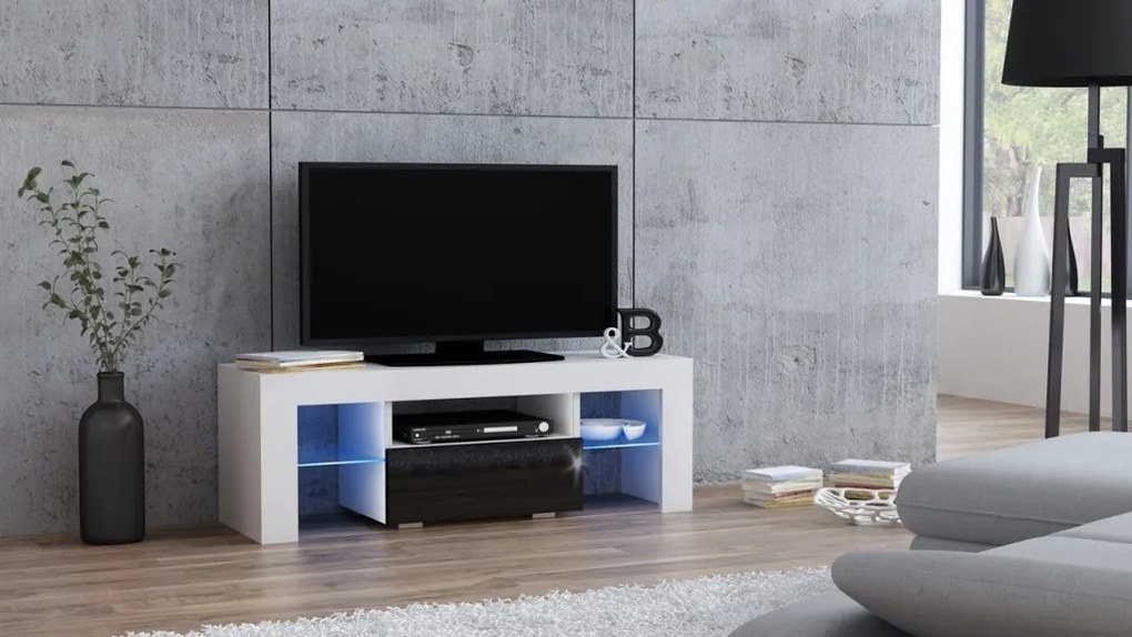 Mazzoni TV stolík MILANO lesklý 110 LED biely, čierna zásuvka