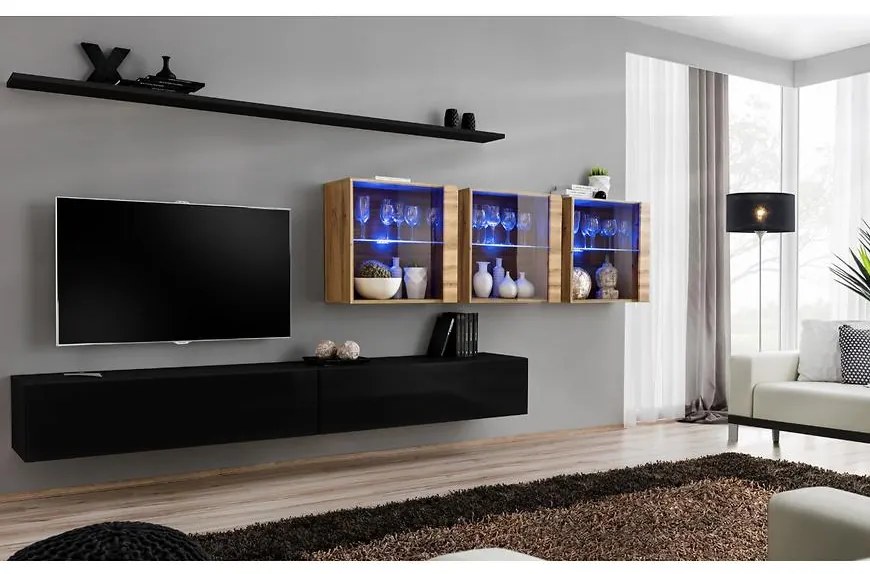 Obývacia stena Switch XVII Sklo +LED  čierna/Wotan