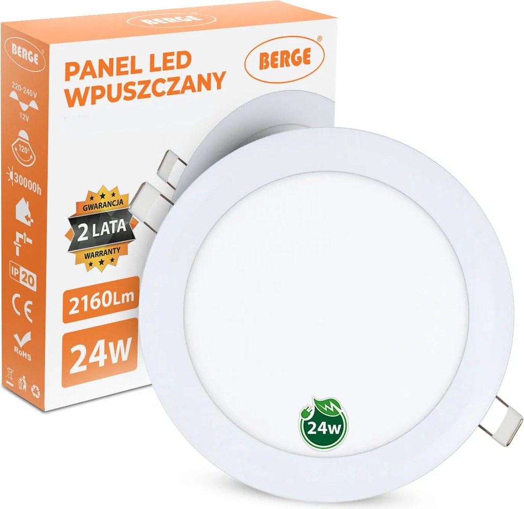 BERGE LED panel kruhový - 300x300x17mm vstavaný - 24W - 230V - 1900Lm - teplá biela