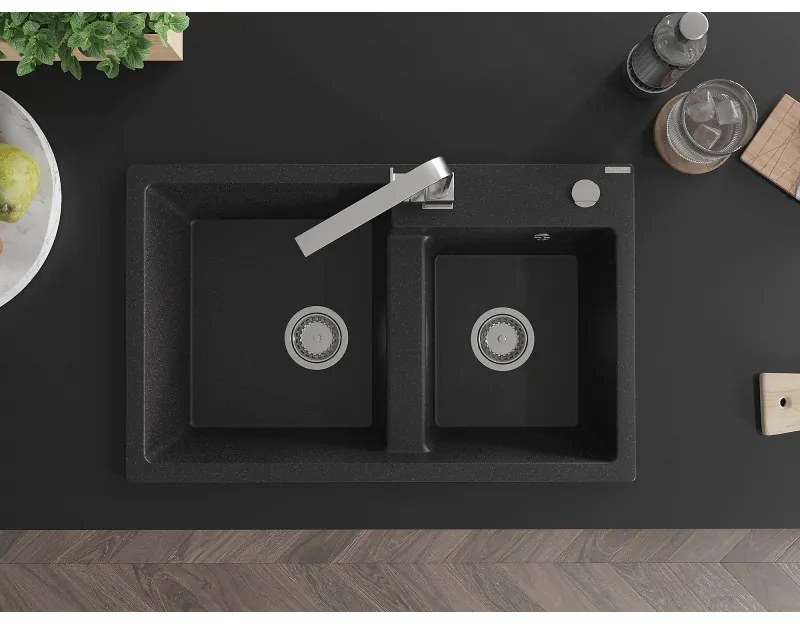 Mexen Tomas, granitový drez 800x500x190 mm, 2-komorový a chrómová batéria Rita, čierna-strieborná metalíza, 6516-73-670300-00