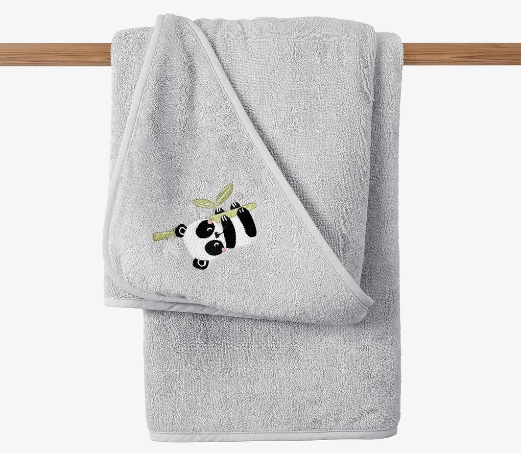 Goldea detská froté osuška s kapucňou - panda na svetlo sivej 100 x 100 cm