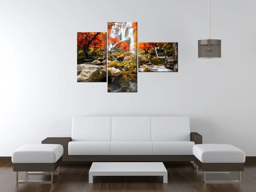 Gario Obraz s hodinami Jesenný vodopád - 3 dielny Rozmery: 90 x 70 cm