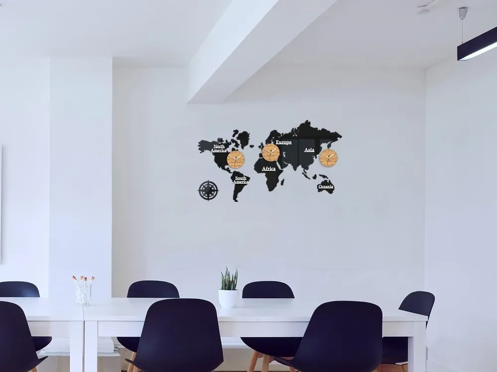 Nástenné samolepiace hodiny Časové zóny 100x56 cm čierne/hnedé