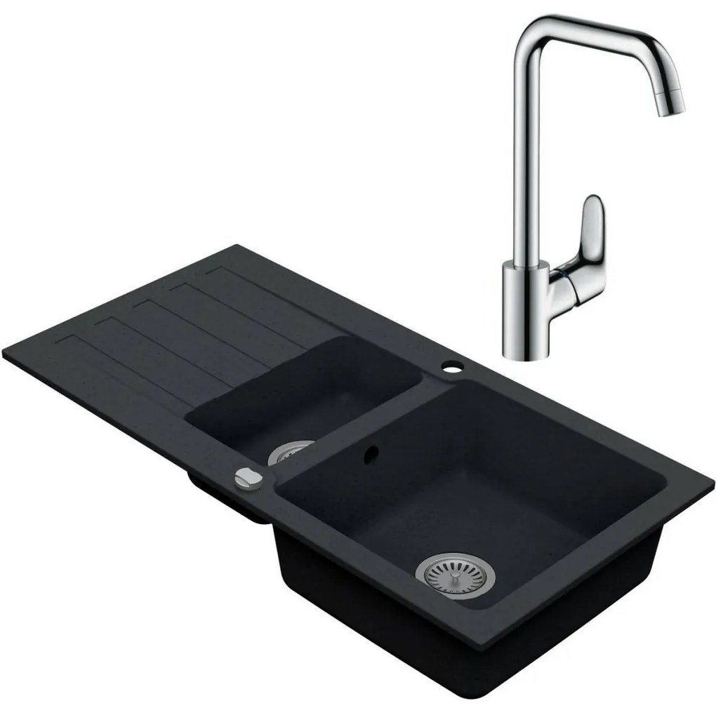 Vima Drezový set Hansgrohe 3/O - Granitový drez 960x480 mm 1,5-sektora s odkvapkávacou plochou, tmavý grafit matný + Drezová batéria Hansgrohe…