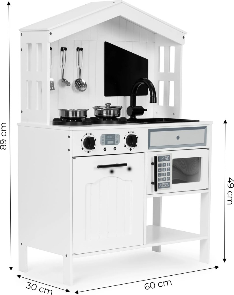 Drevená kuchynka pre deti ECOTOYS s rúrou, 2 platňami, mikrovlnkou a 5 kovovými doplnkami