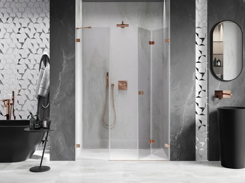 Mexen Lunar-F, pravé skladacie sprchové dvere 125 cm, 8mm číre sklo, medený matný profil, 836S-125-050-65-00-P