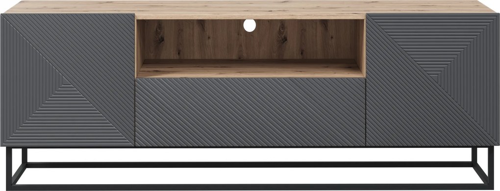 TV stolík Asha 167 cm so zásuvkou a kovovou podnožou - artisan / rivier stone mat