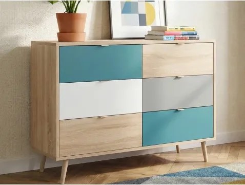 Komoda so zásuvkami Cuba, dub/biela/šedá/petrolejová%