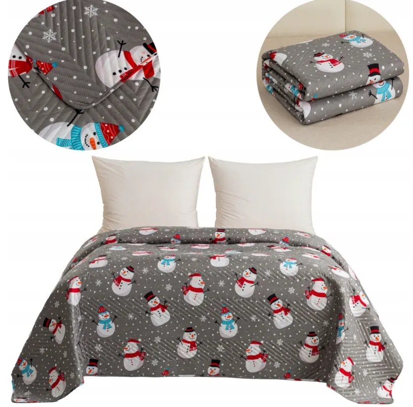 Prehoz na posteľ HAPPY SNOWMAN, sivý Rozmer: 220 x 240 cm