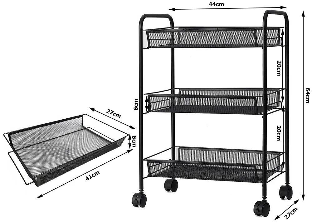 VERK GROUP Mobilný kovový regál s kolieskami, 3 police, čierny kov SHELF