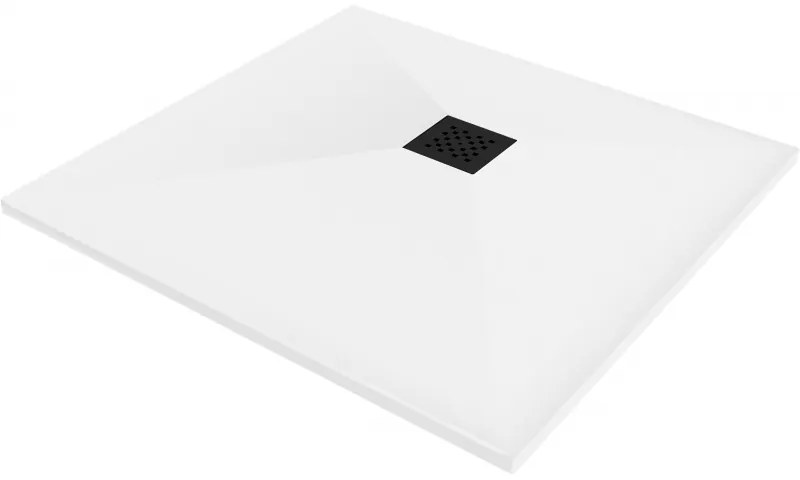 Mexen Stone+, štvorcová vanička z minerálneho kompozitu 80 x 80 cm, biela, čierna krytka, 44108080-B