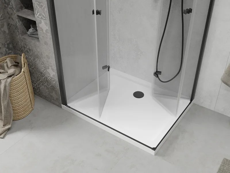 Mexen Lima Duo, sprchovací kút s 2-krídlovými skladacími dverami 90 (dvere) x 80 (dvere) cm, 6mm číre sklo, čierny profil + slim sprchová vanička 5cm biela s čiernym sifónom, 856-090-080-70-02-4010B