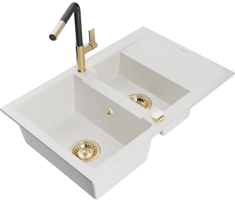 Mexen Gaspar, 1,5-komorový granitový drez 737x475x177 mm a drezová batéria Flora, biela, 6507-20-670401-57-G