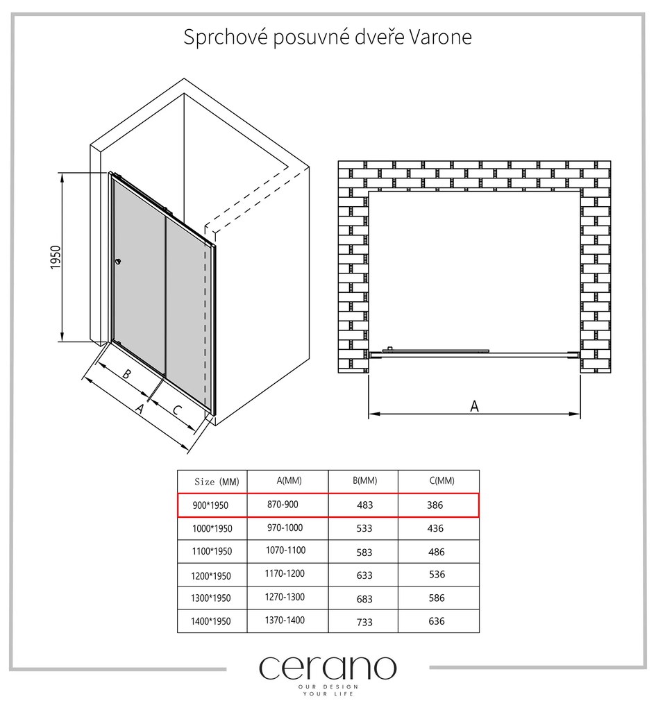 Cerano Varone, sprchovací kút s posuvnými dverami 90 (dvere) x 100 (stena) x 195 cm, 6mm číre sklo, chrómový profil, CER-CER-DY505-90100