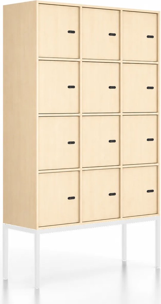 Kancelárska skriňa FRAME, biela podnož, 12x dvere, 1299 x 450 x 2185 mm, mechanický kódový zámok, breza
