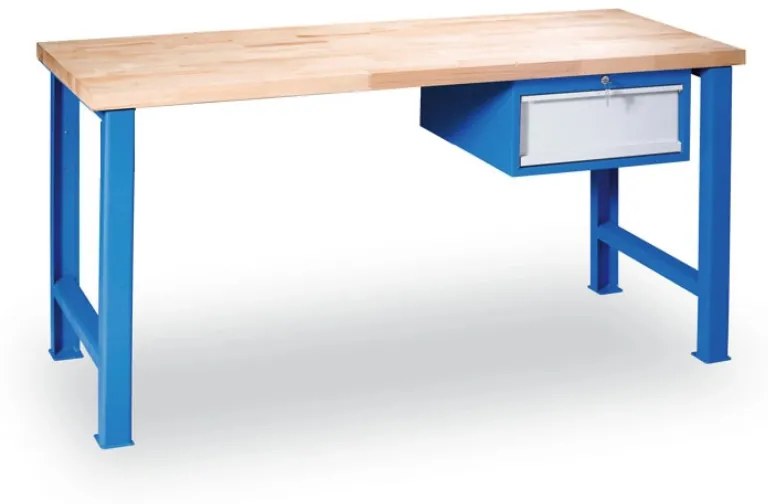 Dielenský pracovný stôl GD so závesným boxom na náradie, buková škárovka, 1 zásuvka, 1200 x 685 x 850 mm, modrá