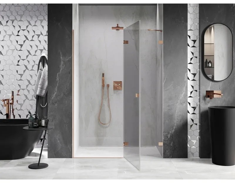 Mexen Lunar, výklopné sprchové dvere pravé 135 cm, 8mm číre sklo, medený matný profil, 834-135-000-65-00-P