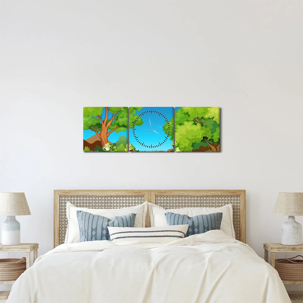 Obraz - Veselí žabiaci (s hodinami) (90x30 cm)