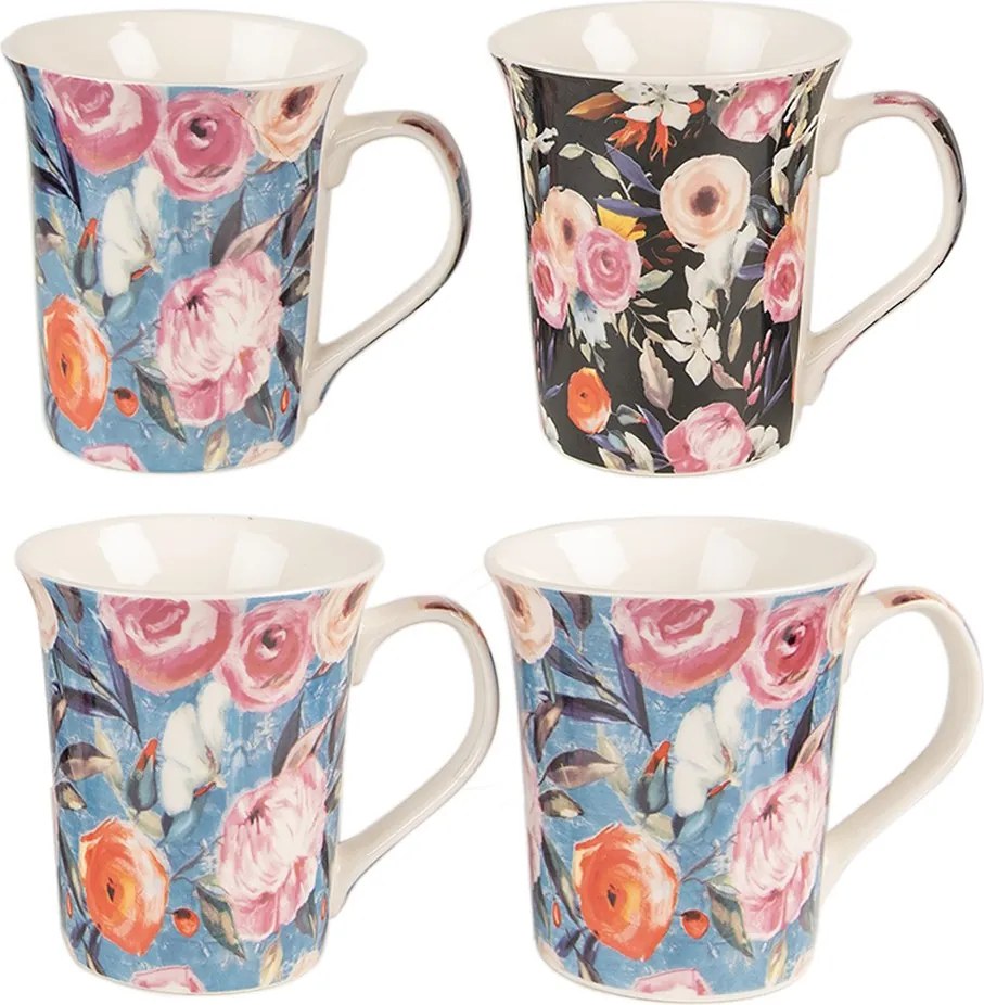 Sada 4ks modrý a čierny porcelánový hrnček s kvetmi - 12* 8*10 cm / 300 ml