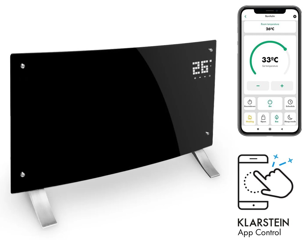 Klarstein Bornholm Curved Smart, konvektor, 2000 W, ovládanie cez aplikáciu, čierny