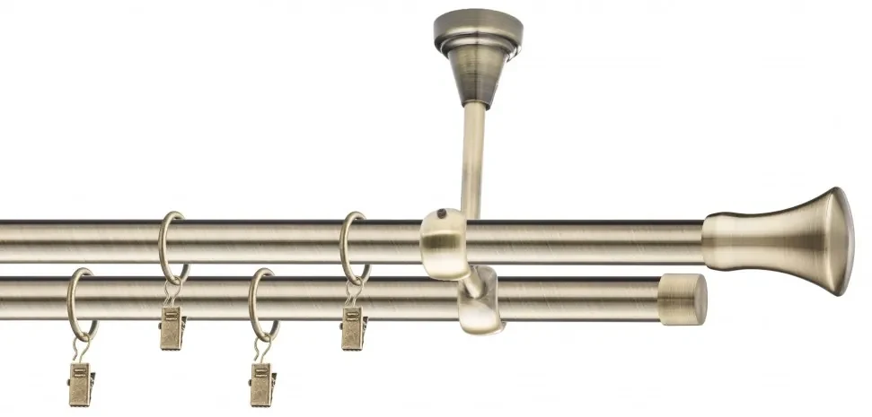 Dekorstudio Stropná mosadzná dvojradová garniža MONACO 19mm Dĺžka: 160cm, Typ uchytenia: Držiak dvojitý otvorený, Typ príslušenstva: Krúžky tiché so štipcami