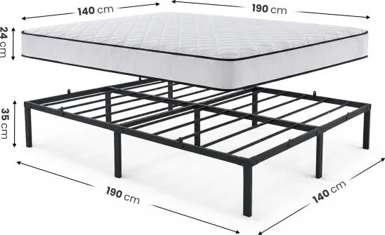 Kovová manželská posteľ 140x190 cm s pružinovým matracom, čierna