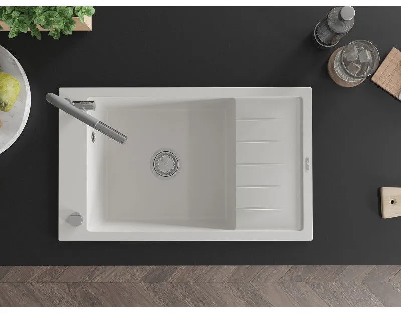 Mexen Elias, 1-komorový granitový drez 795x480x200 mm a drezová batéria Flora, biela, 6511-20-670401-06