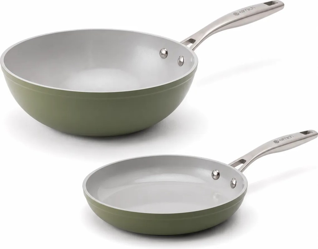 Elmich Základná súprava keramických panví Zen 2 ks – klasická + wok, olivovozelená