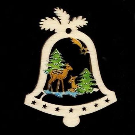 AMADEA Drevená ozdoba farebná zvonček so srnkami 6 cm