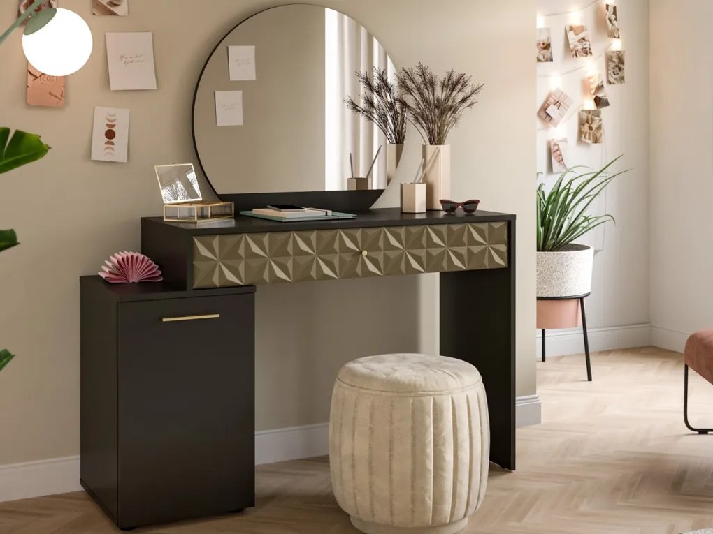 Toaletný stolík so zrkadlom Prismo, čierny/zlatý