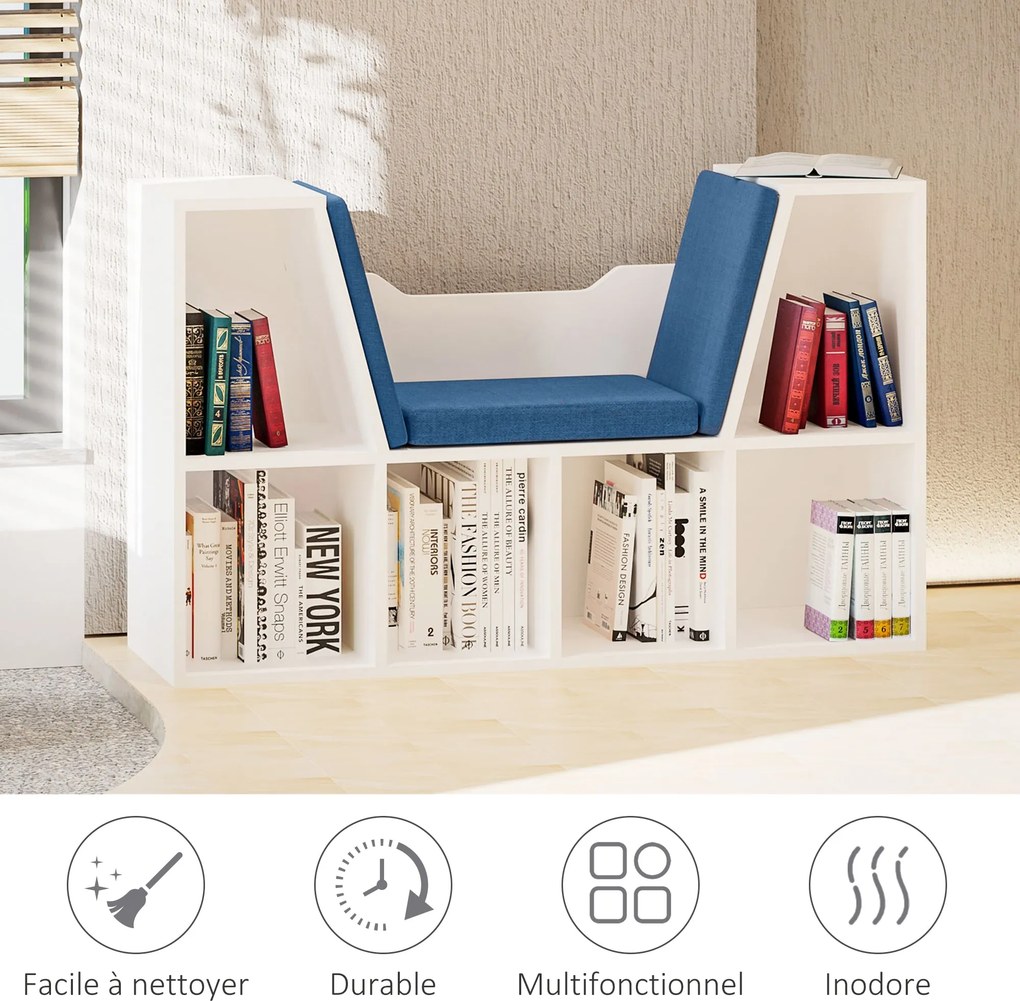 HOMCOM Knižnica a lavička 2 v 1 Moderný dizajn 6 priehradiek 3 vankúše 102D x 30Š x 61V cm Biela Modrá | Aosom
