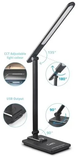 LED Stmievateľná stolná lampa s USB LED/9W/230V 3000K/4000K/5500K čierna
