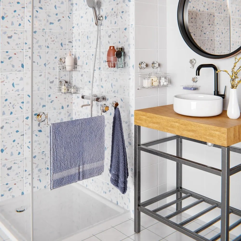 Samodržiaca kovová kúpeľňová polička v striebornej farbe Bestlock Bath – Compactor