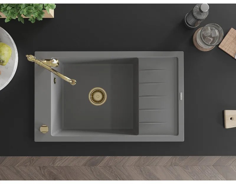 Mexen Elias, granitový drez 795x480x200 mm, 1-komorový a drezová batéria Carla, šedá, 6511-71-670700-50