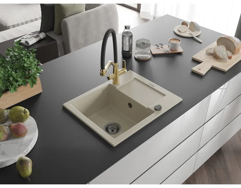Mexen Enzo, granitový drez 576x465x174 mm, 1-komorový a drezová batéria Duo, béžová, 6506-69-671701-57-B