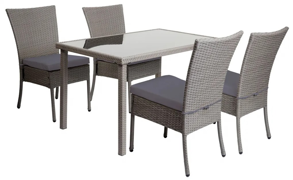 4x Stolička a stola HWC-G19, polyratan, 120x75cm - sivá, vankúše tmavosivá