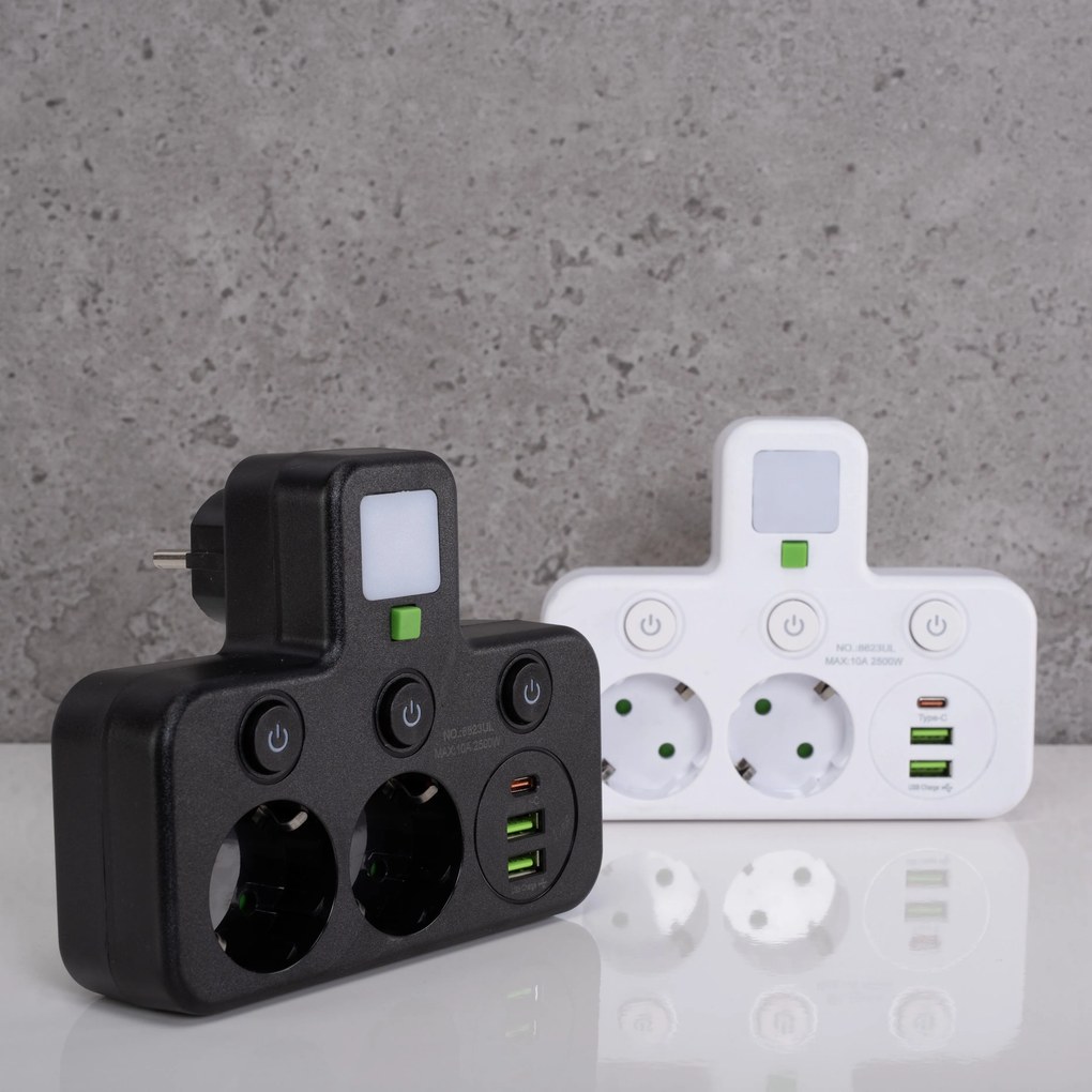 Toolight Toolight, JNH017, zásuvkový rozbočovač 2 zásuvky + 2× USB-A + USB-C s LED svetlom, biela, OSW-56309