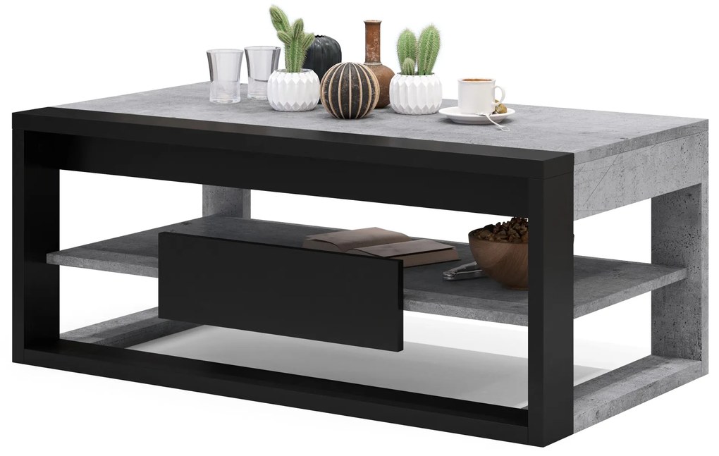 FRAME Beton Millenium / Čierny mat - MODERNÝ STÔL SO ZDVÍHACÍM VRCHOM + ÚLOŽNÝM PRIESTOROM + POLICA