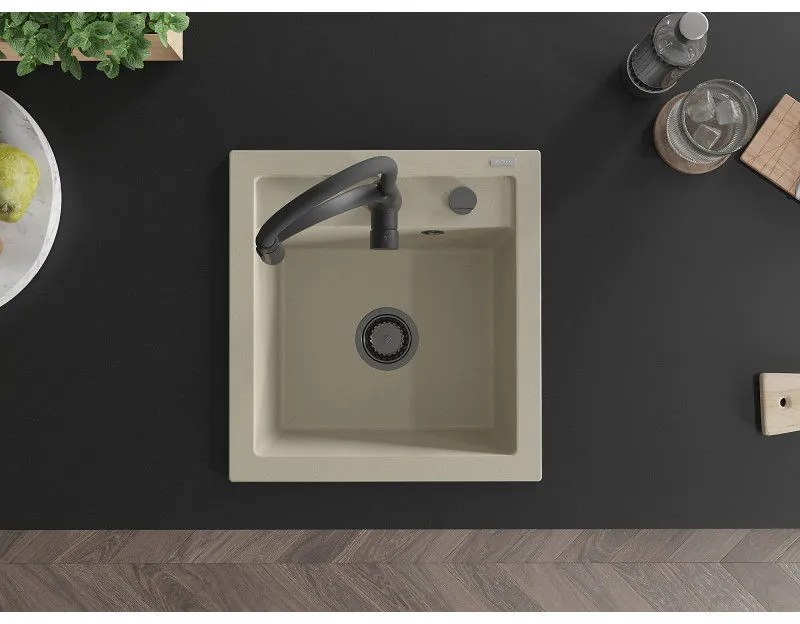 Mexen Vito, 1-komorový granitový drez 490x520x210 mm a drezová batéria Aster, béžová, 6503-69-73450-70-B