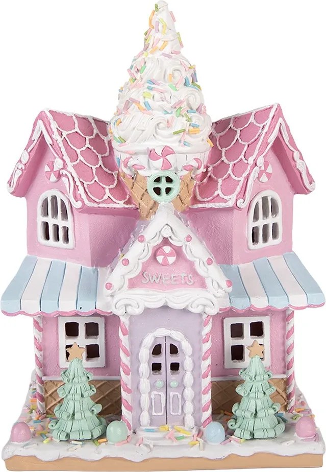 Ružový svietiaci LED domček Pastel Christmas Chic - 21*14*28 cm / 2*AAA