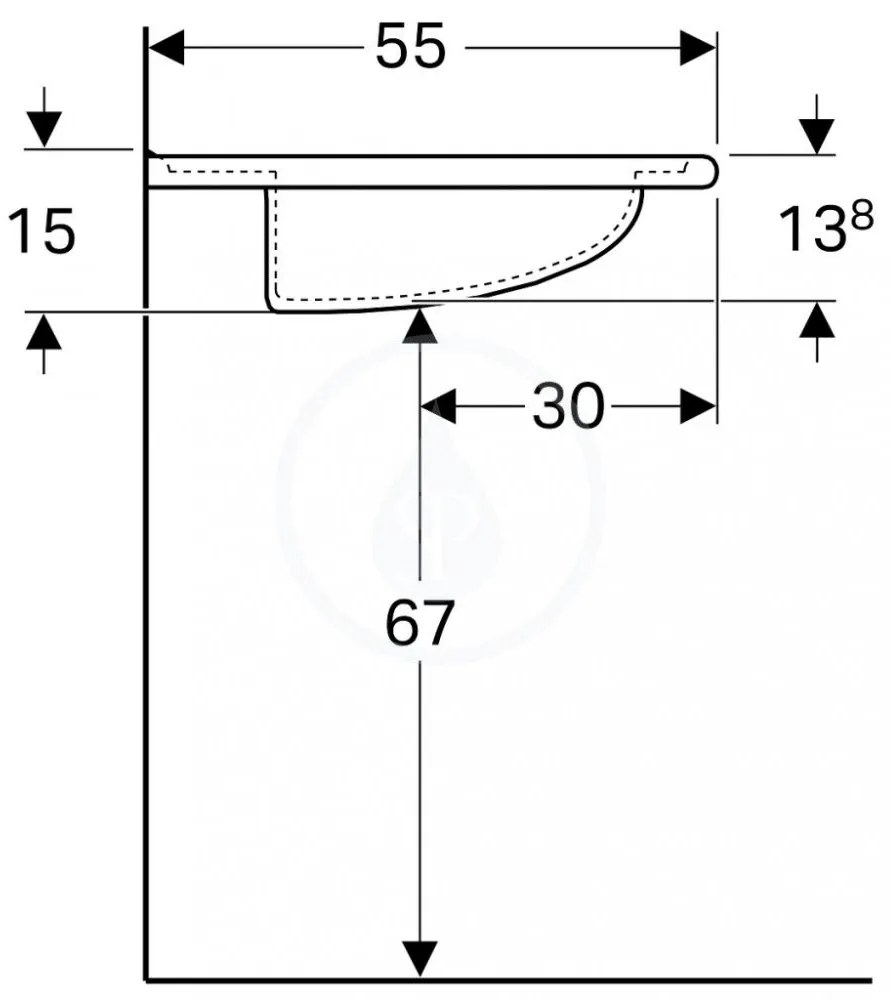 GEBERIT Vitalis bezbariérové závesné umývadlo bez otvoru (otvor je predpichnutý), s prepadom, 550 x 550 mm, biela, 221556000