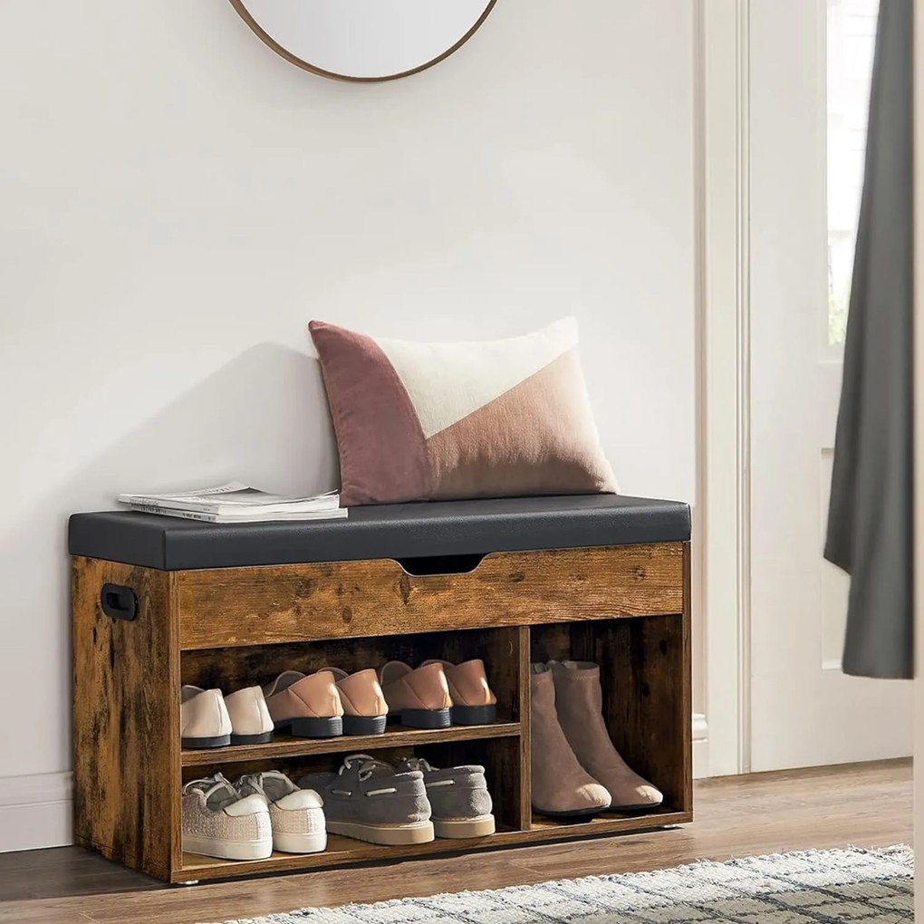 Botník s lavicou a úložným priestorom, 80x30x44cm, tmavá hnedá/čierna