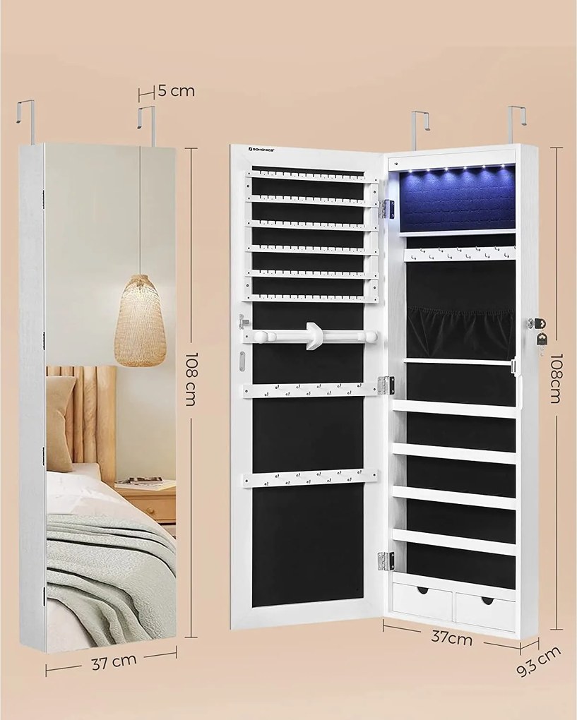 LED Skrinka na šperky, na stenu/dvere, biela