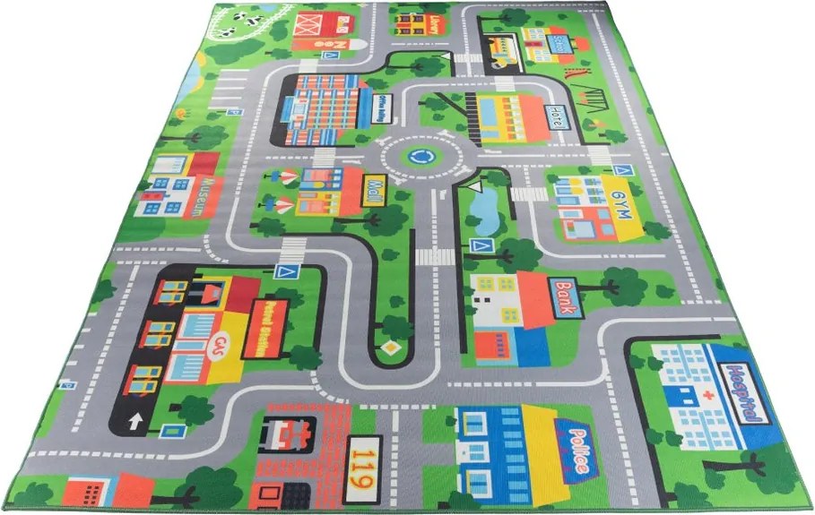 Detský koberec KIDS-3 Crystal Print zelený obdĺžnikový | Vzor vozidlá Rozmer: 180x250 cm