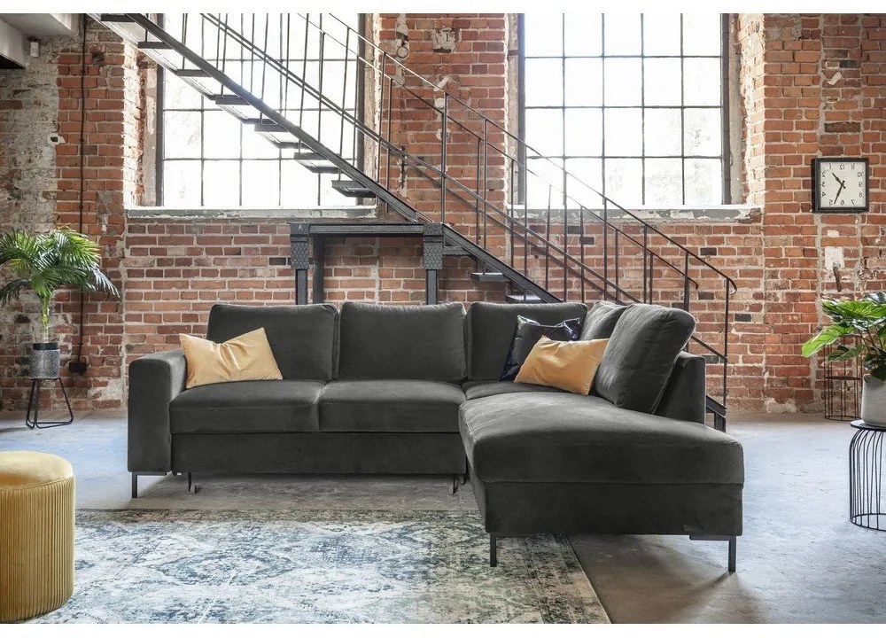 Tmavosivá zamatová rozkladacia rohová pohovka (pravý roh) Lofty Lilly – Miuform