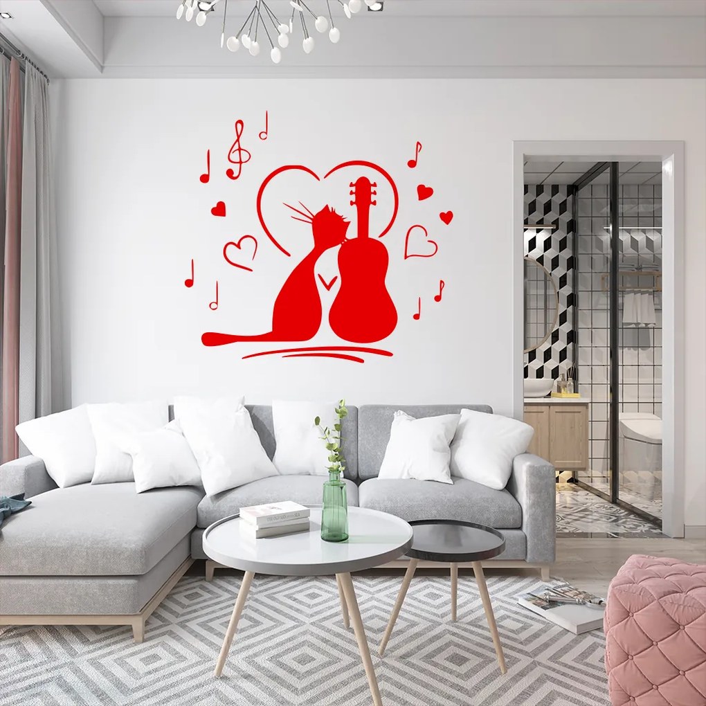 Veselá Stena Samolepka Mačička milujúca hudbu Farba: modrá, Veľkosť: 100 x 93 cm
