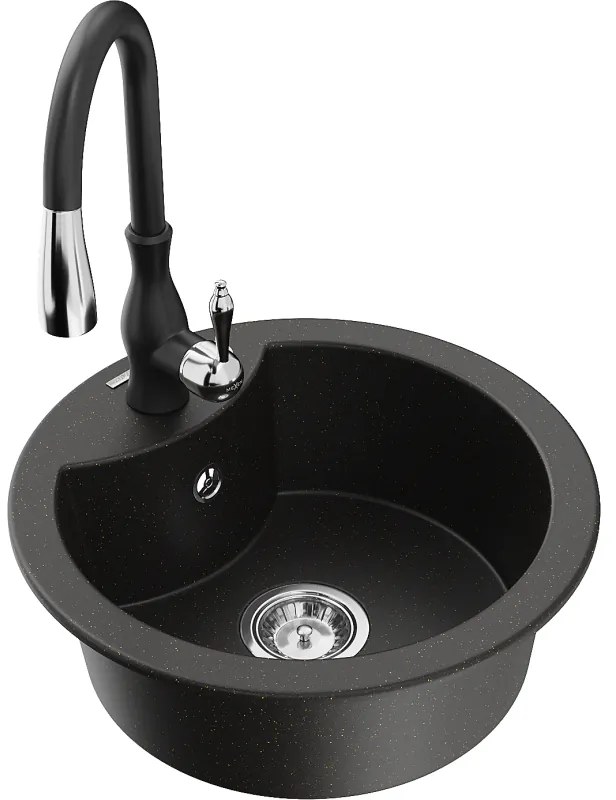 Mexen Diego, 1-komorový granitový drez 488x488x167 mm a drezová batéria Savita, čierna-zlatá metalíza, 6512-75-672601-70